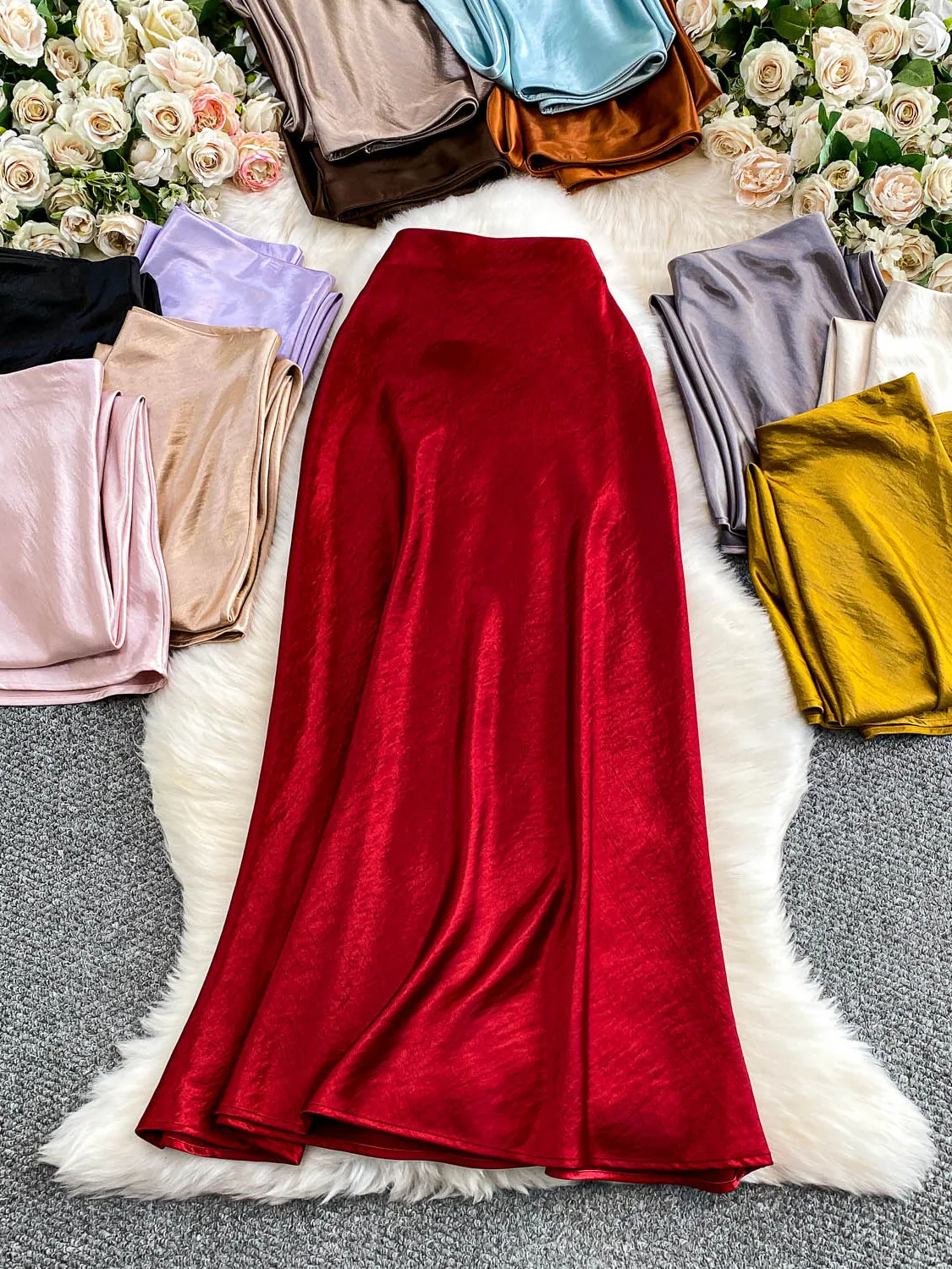 

Элегантная атласная юбка-слип для женщин: высокая талия, эффект стройности, фасон «рыбий хвост», длинная, повседневная, осенне-зимняя, модная, для офиса и города