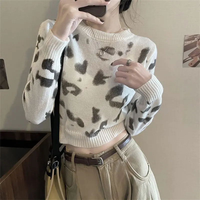 Tie Dye Vintage Short Sweaters Female Clothing Slim Casual Round Neck Autumn Winter Korean Basic Long Sleeve Knitted Jumpers New