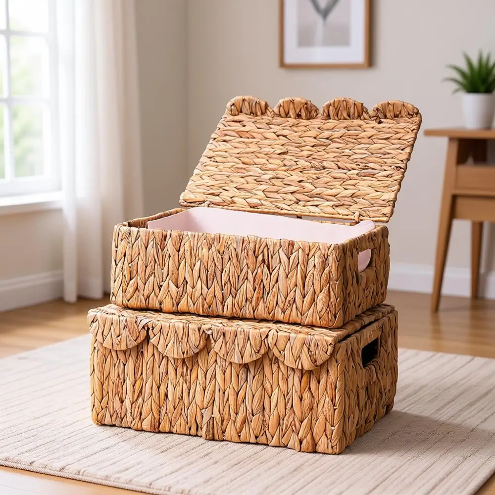 

Wicker Storage Baskets with Lids and Handles, Multipurpose Rattan Organizers for Nursery, Set of 2