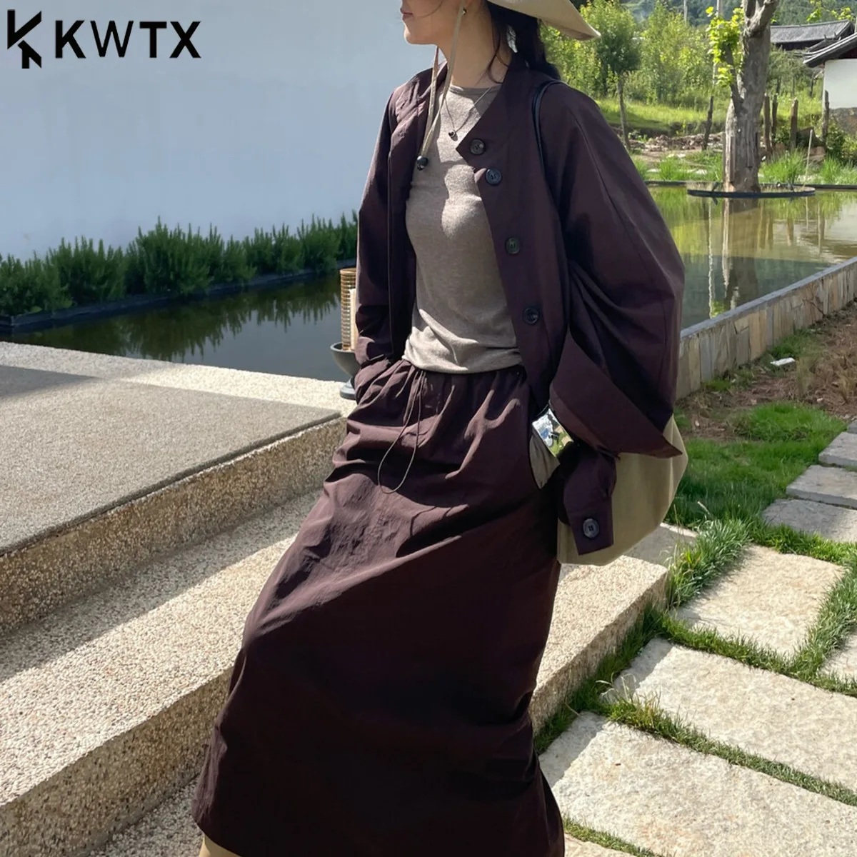 KWTX 2025 Damen-Elegantes Vintage-2-teiliges Set mit Stehkragen, Langarmjacke und elastischem Rock, einfarbig, luxuriös, schick, Herbst