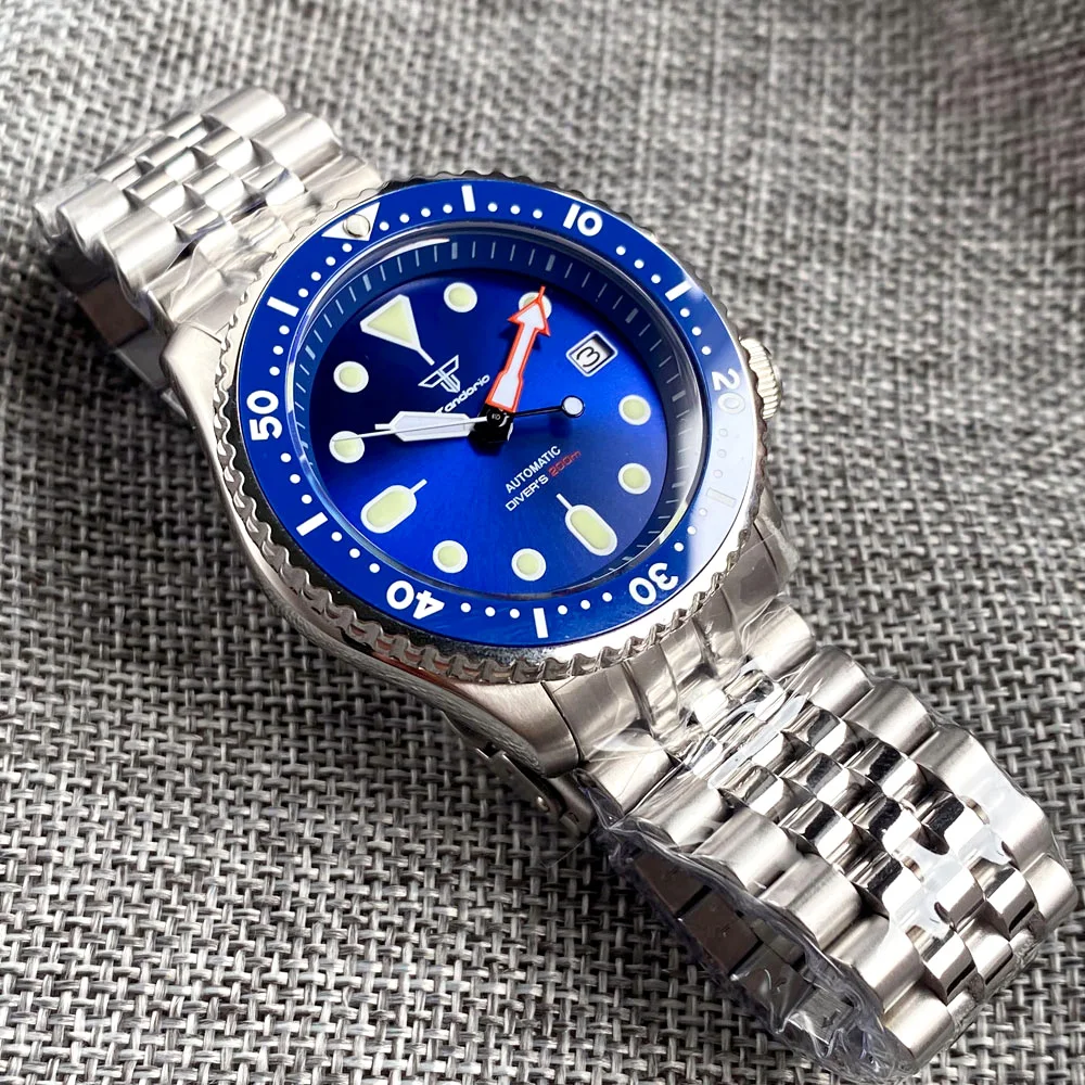 Imagem -03 - Relógio de Mergulho Mecânico para Homens Moldura Azul Mão Laranja Modelo Skx 3.8 Crown Nh35 Movt 120 200m Relógio à Prova Dágua Tandorio-nh35a