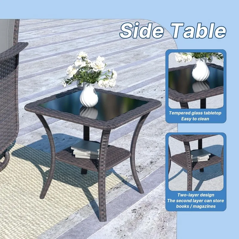 Outdoor Spin Glider Rocking Chair, Wicker Courtyard Bistro Set, tempered glass side table and thickened cushion (red)