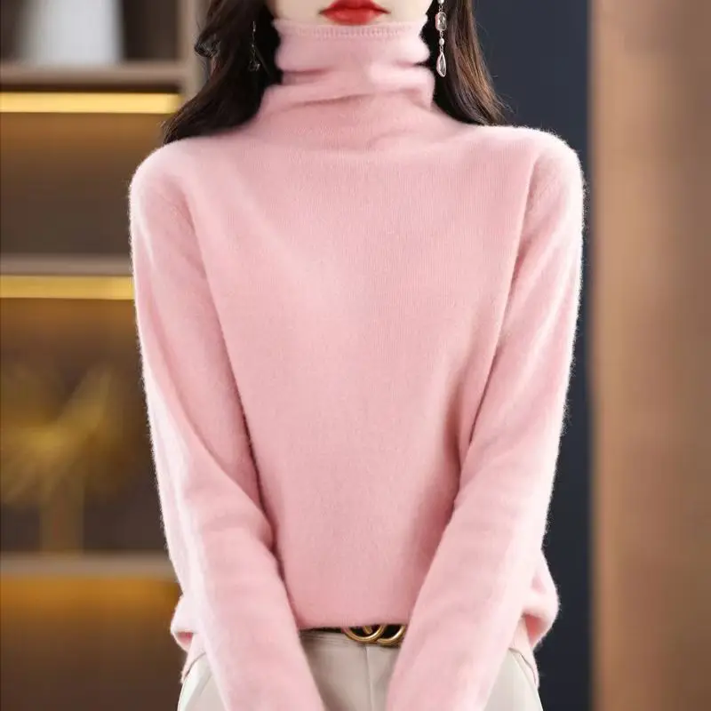 2025 100% Merino Wool Sweater Elegant Cashmere Pullover Women Pile Collar Long Sleeve Knitwear Basic Clothing  Jumper Tops