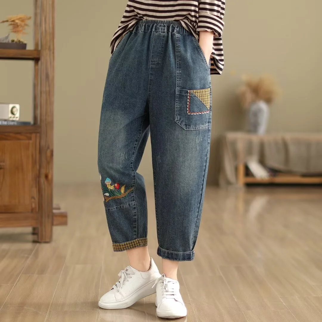 2024 Mori girls vintage elastyczna talia haft denim spodnie haremowe damskie japońskie modne luźne spodnie jeansowe harajuku