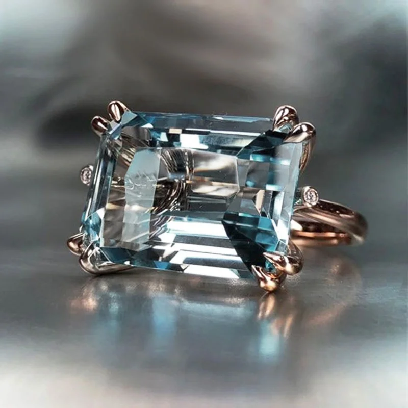 Luxury Fashion Aquamarine Sapphire Natural Stone Rings for Women Horizontal Rectangular Ring Wedding Wedding Party Jewelry Gift