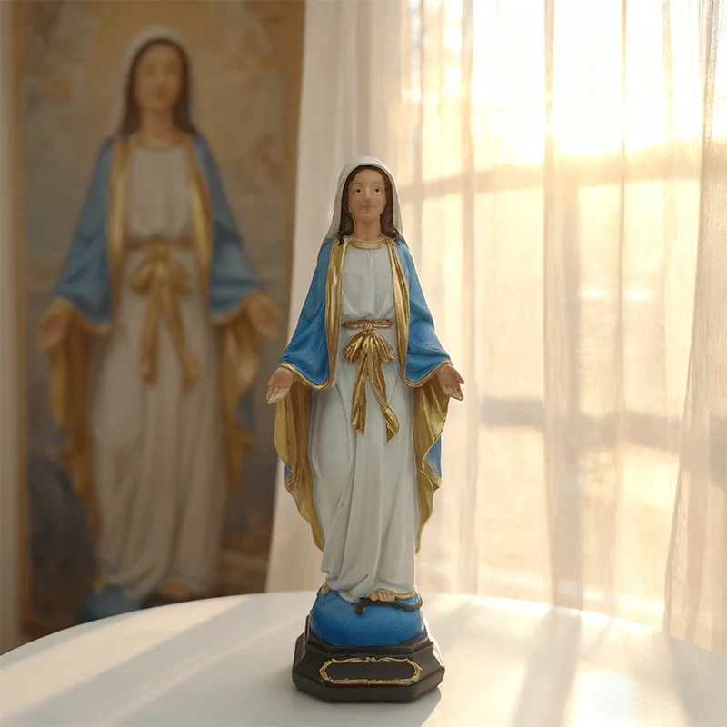 Figurine der Jungfrau Maria als Schreibtischdekoration, religiöse Figur aus Kunstharz, Kunsthandwerk, Dekorationen, Kunststücke, geeignet für die Platzierung im Wohnzimmer