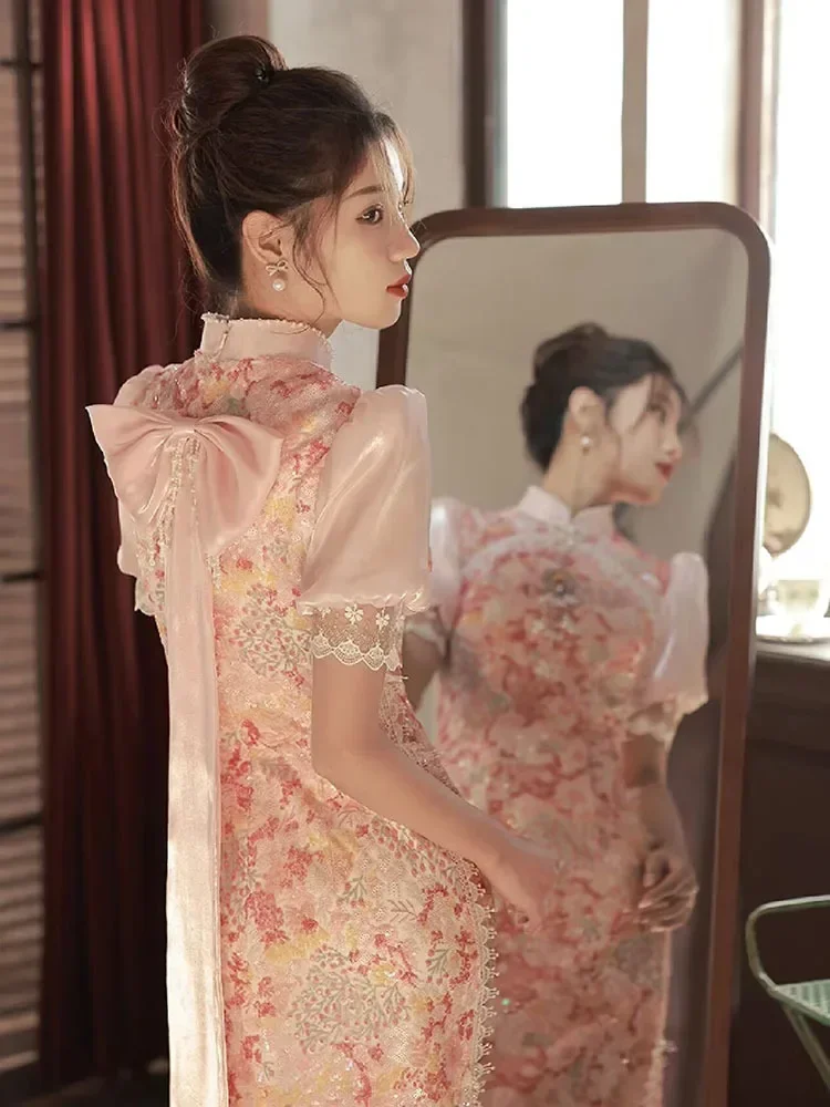 

Sexy Sequin Qipao Improved Chinese Style Dress Women Sweet Bow Evening Dresses Long Elegant Cheongsam Lace Flower Vestidos