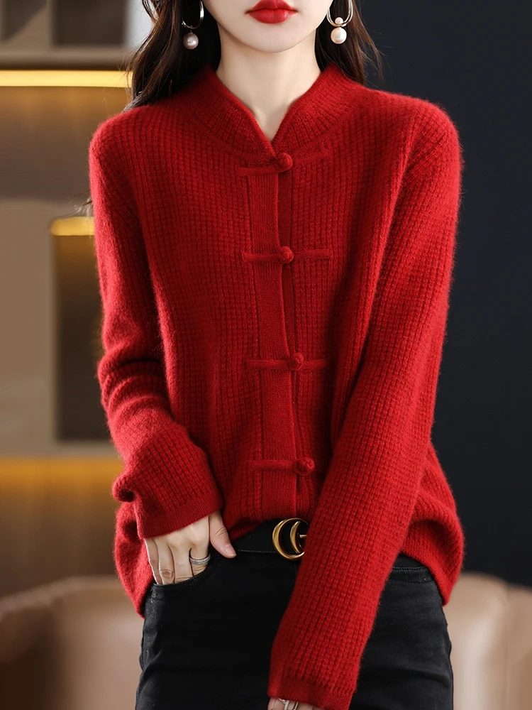 100% Pure Wool Cardigan Casual Knitted Half-high Collar Women China Knot Buckle Sweater Knitted Autumn Winter Cashmere Jacket