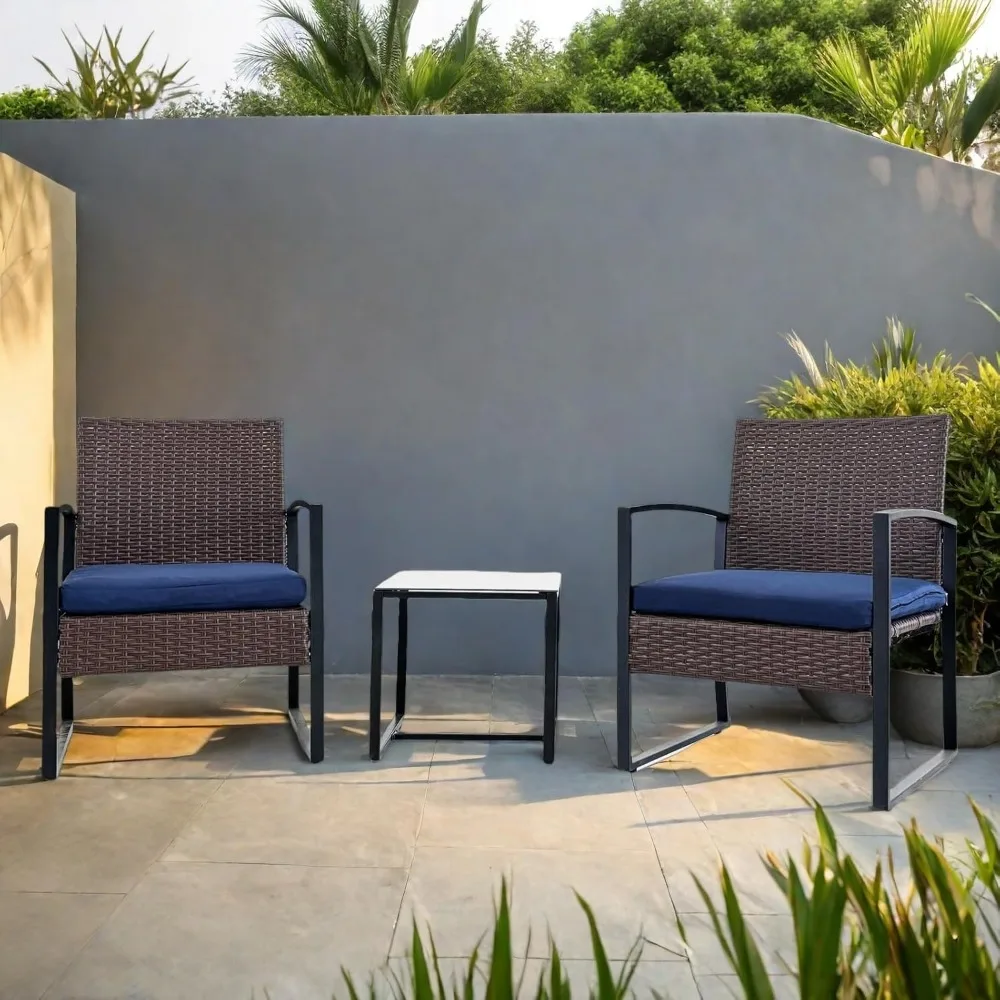 YINRUIN 3 Piece Bistro Set, Outdoor Furniture Set with Coffee Table, Rattan Wicker Chairs with Cushion, for Porch, Balcony, Gard