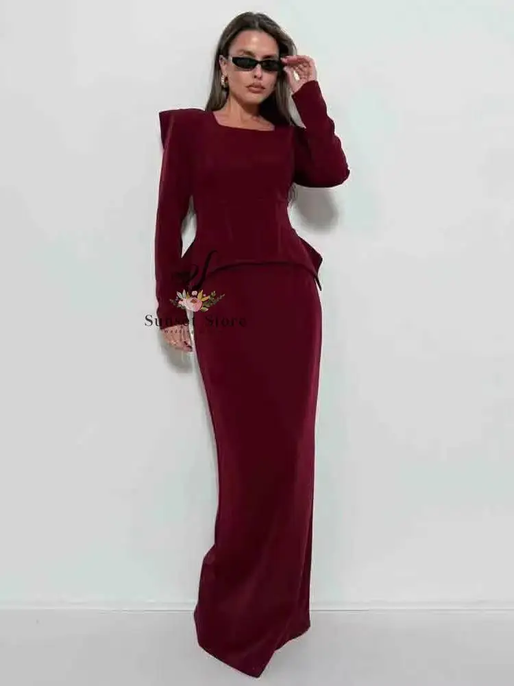 Customized Arabic Modest Burgundy Evening Dress Square Neck Full Sleeve Formal Occasion Dress Velvet Peplum Gown view 4