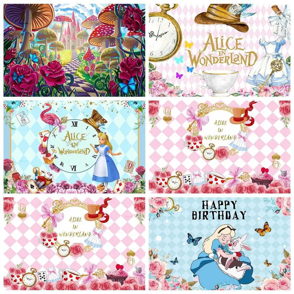 Alice in Wonderland Birthday Party Backdrop Decor White Rabbit Photo Customized for Kids Girls Boys Party Photo Props Supplies