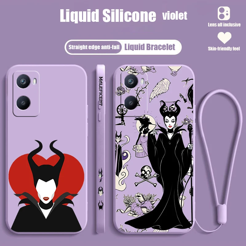 Disney Cute Maleficent For OPPO A98 A96 A94 A93 A77S A76 A74 A73 A72 A57E S A56S Liquid Left Rope Silicone Phone Case