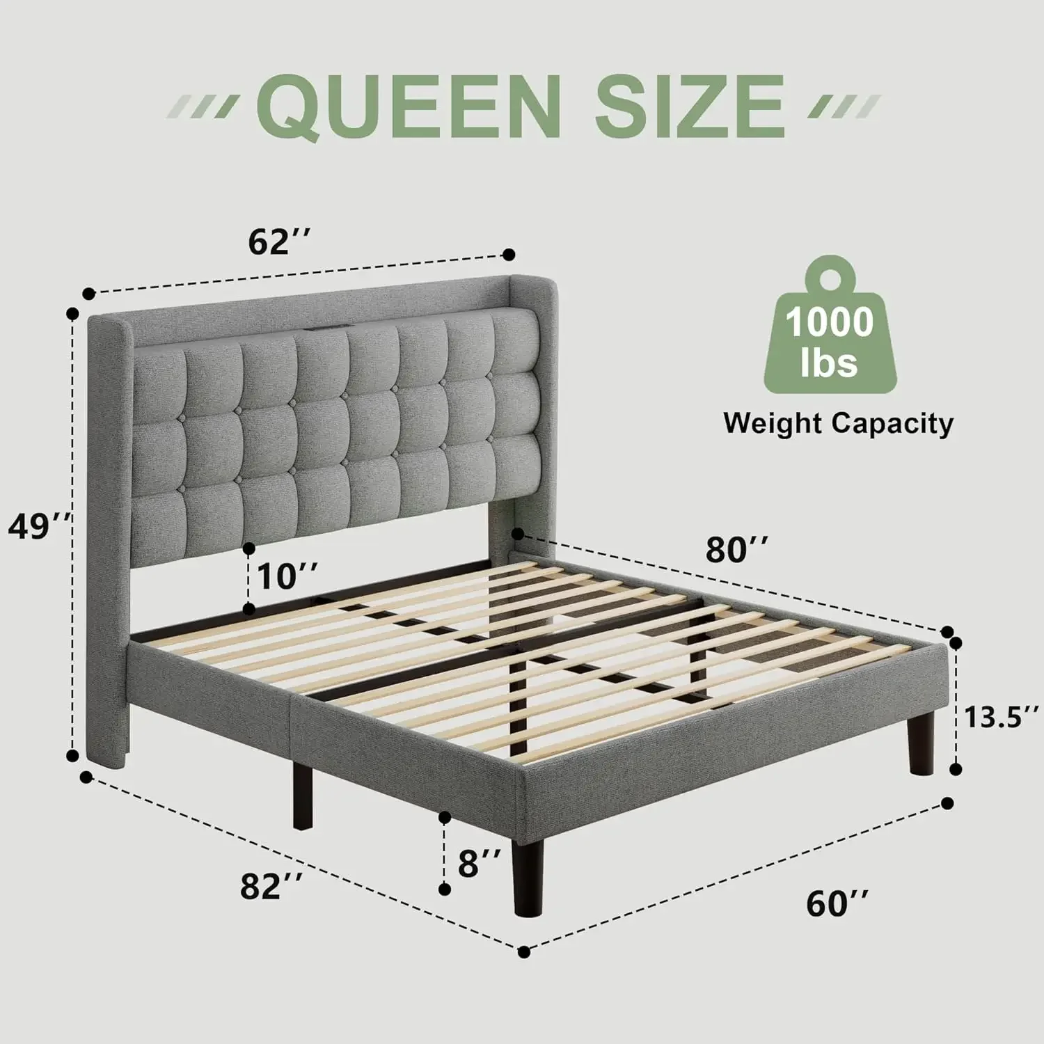 Queen Bed Frame with Charging Station, Upholstered Platform Bed Frame with Wingback Storage Headboard, No Box Spring Nee