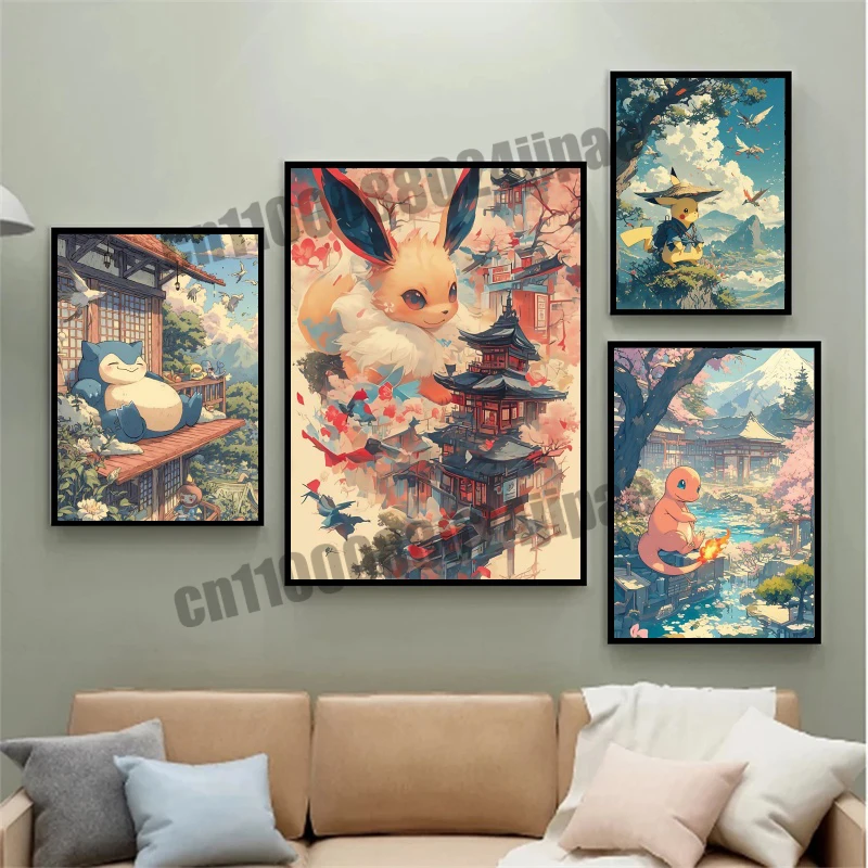 

Anime Pokemon Fan Art Canvas Gengar Eevee Psyduck Charmander Retro Poster Print Canvas Painting Living Room Decorative Wall Art
