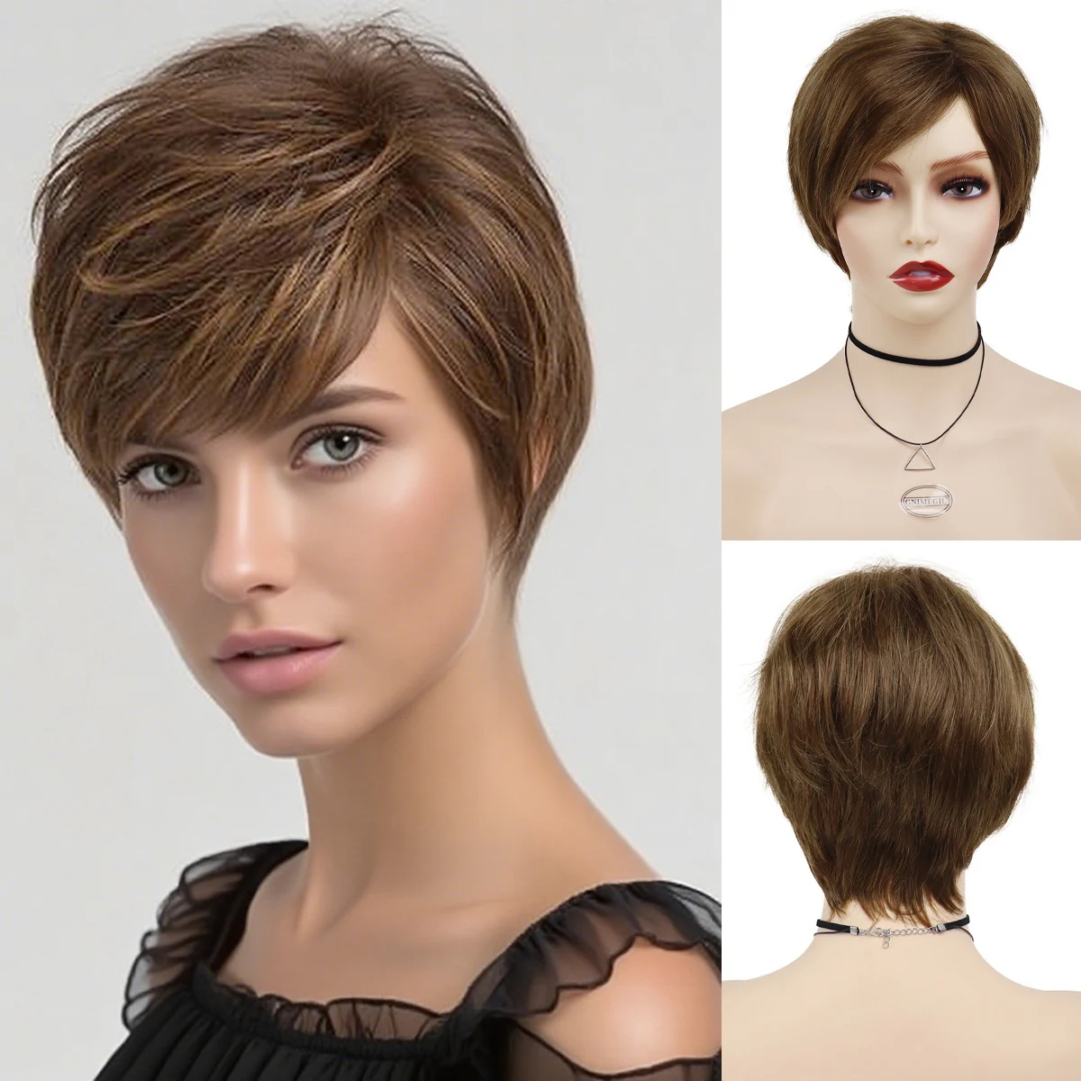 

Highlight Wigs Synthetic Mix Brown Wig for Women Pixie Cut Hairstyle Short Straight Wig with Bangs Daily Casual Hair for Mother