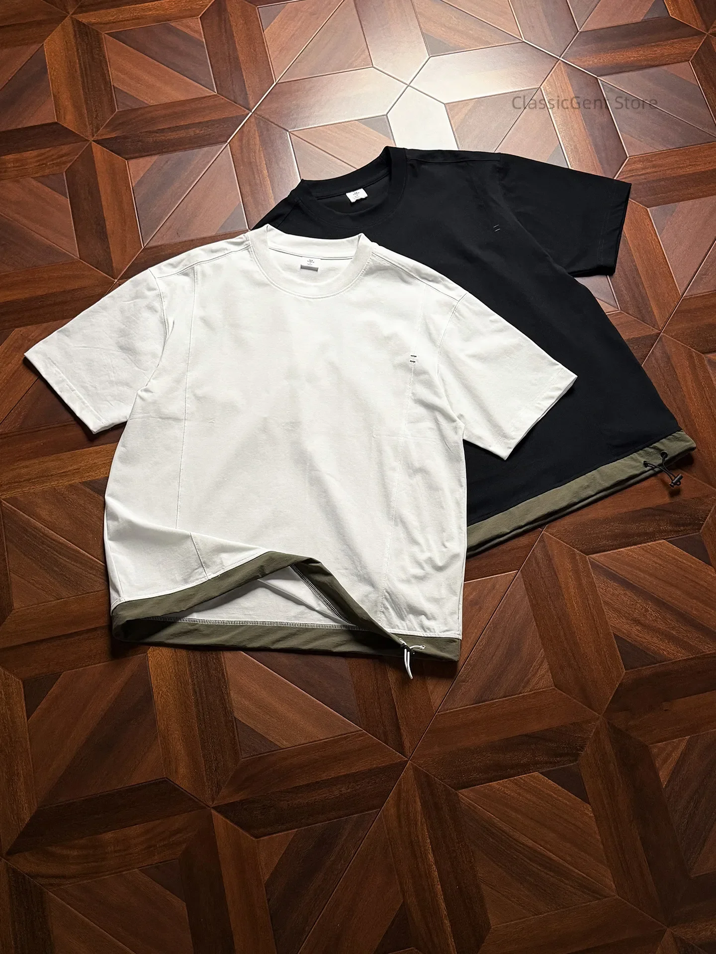 

Layer and deconstruction aesthetics 210g loose T-shirt, double-layer contrasting hem drawstring half-sleeve