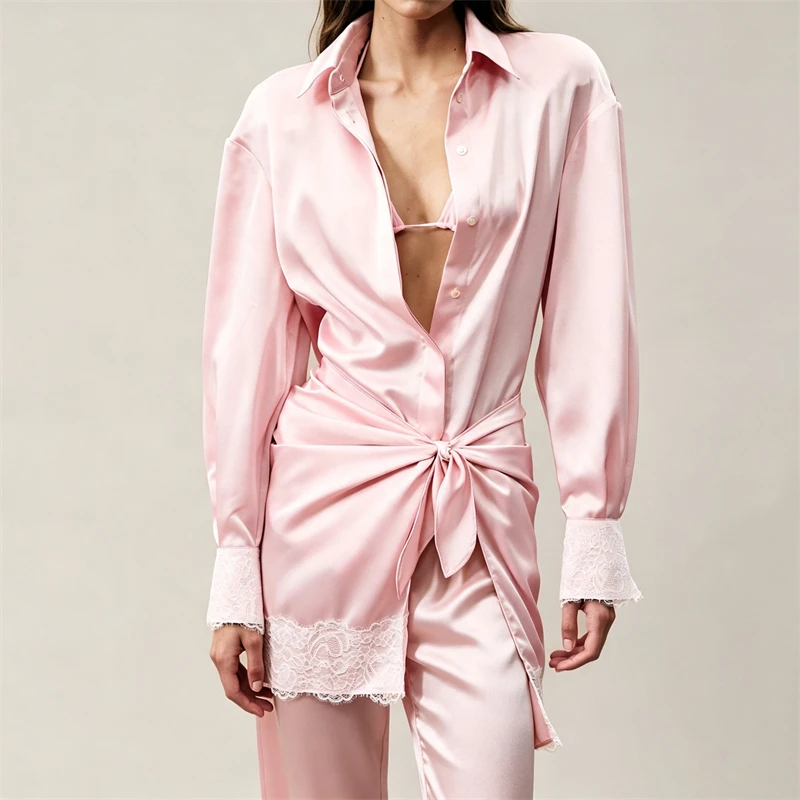 High-quality autumnNew style lapel lace patchwork long-sleeved shirt for womenFashionable casual lightweight and comfortable top