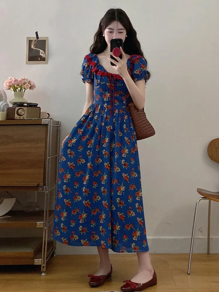 

plus Size Floral Print Short Sleeve Dress Square Collar Slimming Design A-Line Midi Dress Korean Style Commute Wind Summer Ne...