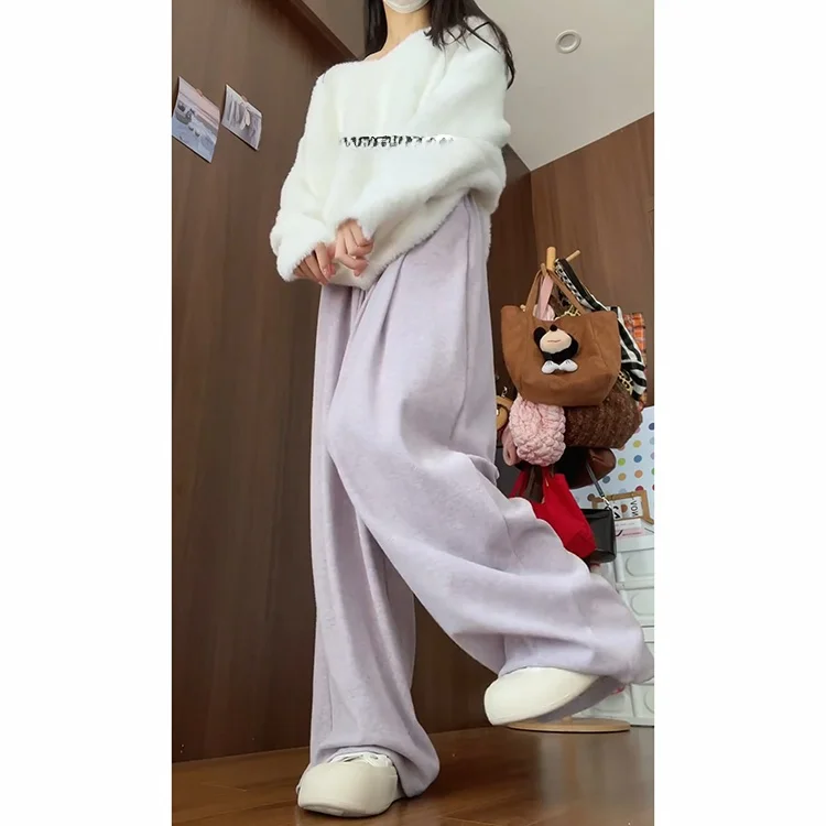 الأرجواني عالية الخصر محبوك لينة Dra مستقيم الساق السراويل النسائية الخريف الشتاء جديد كسول Sle الأرز المعكرونة السراويل بناطيل كاجوال