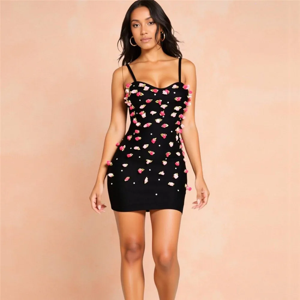 

2025 Summer Sexy Suspender Tight Bandage Dress Three-dimensional Flower Diamond Celebrity Party Dress Short Skirt
