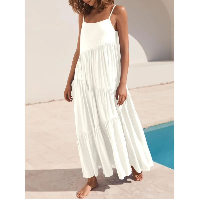 Abito estivo da donna, casual, ampio, senza maniche, con cinturino per spaghetti, fluido, boho, in lino, per le vacanze al mare, maxi abito lungo