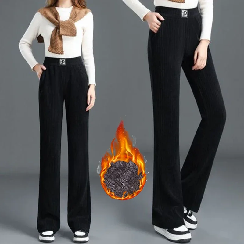 Pantaloni invernali da donna classici in peluche termico a vita alta Pantaloni da ragazza in pile a gamba dritta Pantaloni da donna casual caldi da neve