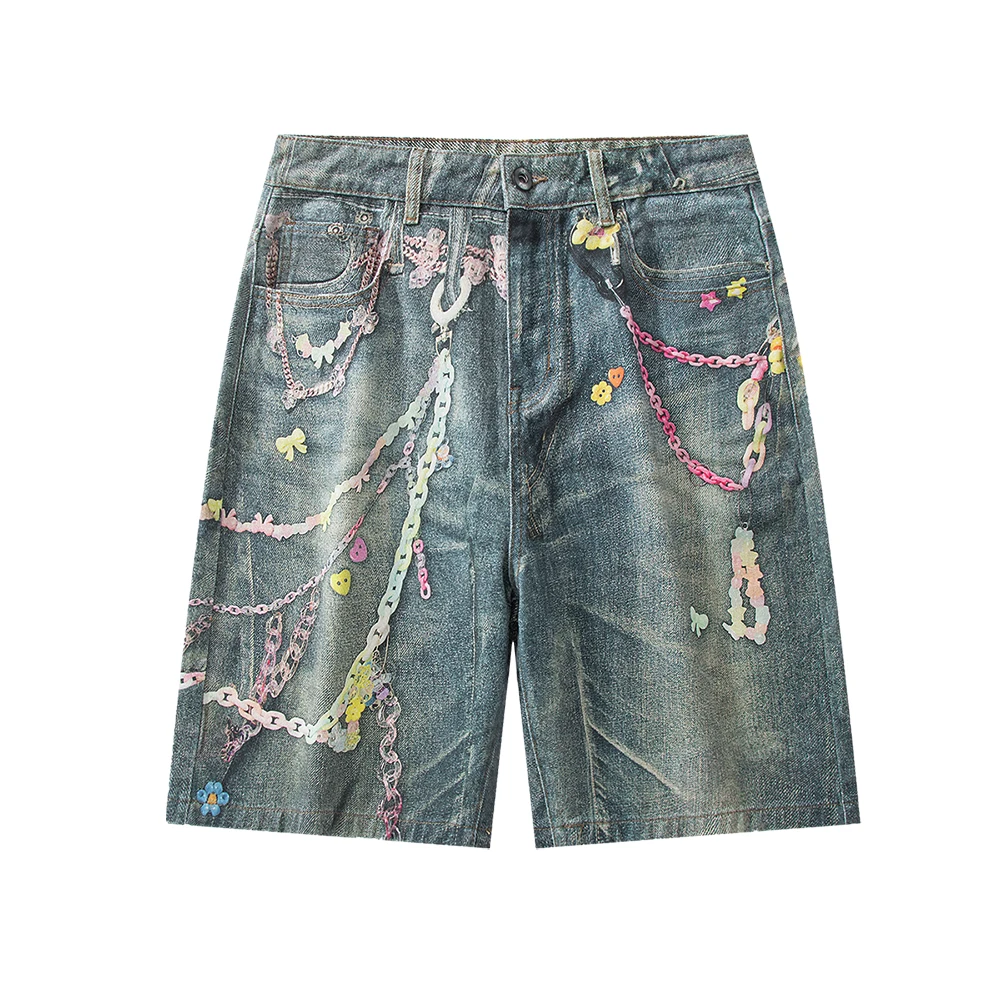 

Vintage Distressed Denim Shorts Y2K Colorful Chain 3D Digital Printing Streetwear Washed Wide Leg Jeans Casual Grunge Jorts
