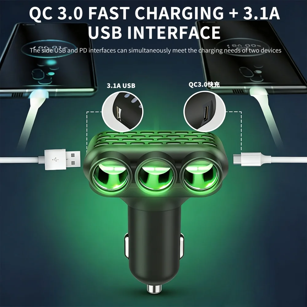 120W 3 In 1 USB Type C Socket Car Cigarette Lighter Splitter Adapter 12V 24V Fast Charge Phone Charger For Car DVR GPS Dashcam