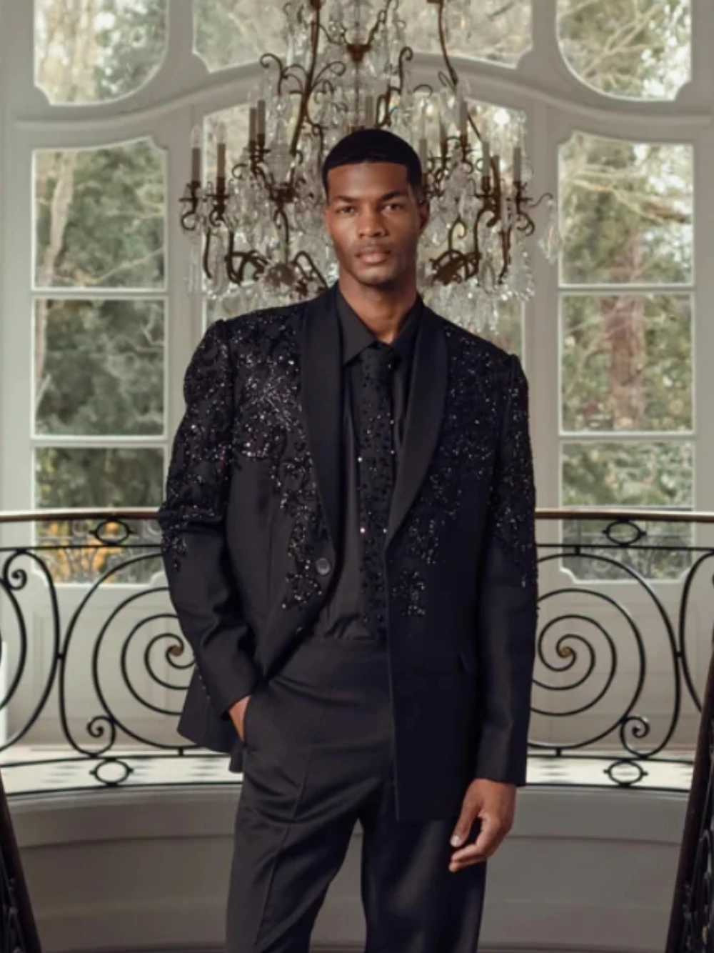 Men's Luxury Sequin Bead Suit Set Slim Fit Black Wedding Groom Handsome Tuxedo 2 Piece Formal Prom Party Blazer Pants Customized