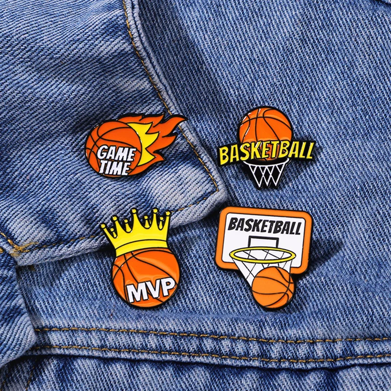 Flame Game Time Mvp Crown Basketball Sport Metal Badge Punk Clothing Lapel Brooch Jewelry Gift Creative Basketball Enamel Pin