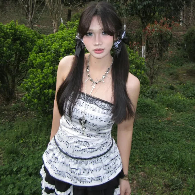 Subcultural Punk Rock Musical Note Print Strapless Tank Top Personalized Shibuya Hottie Girl Slim Y2k Top Korean Fashion Clothes