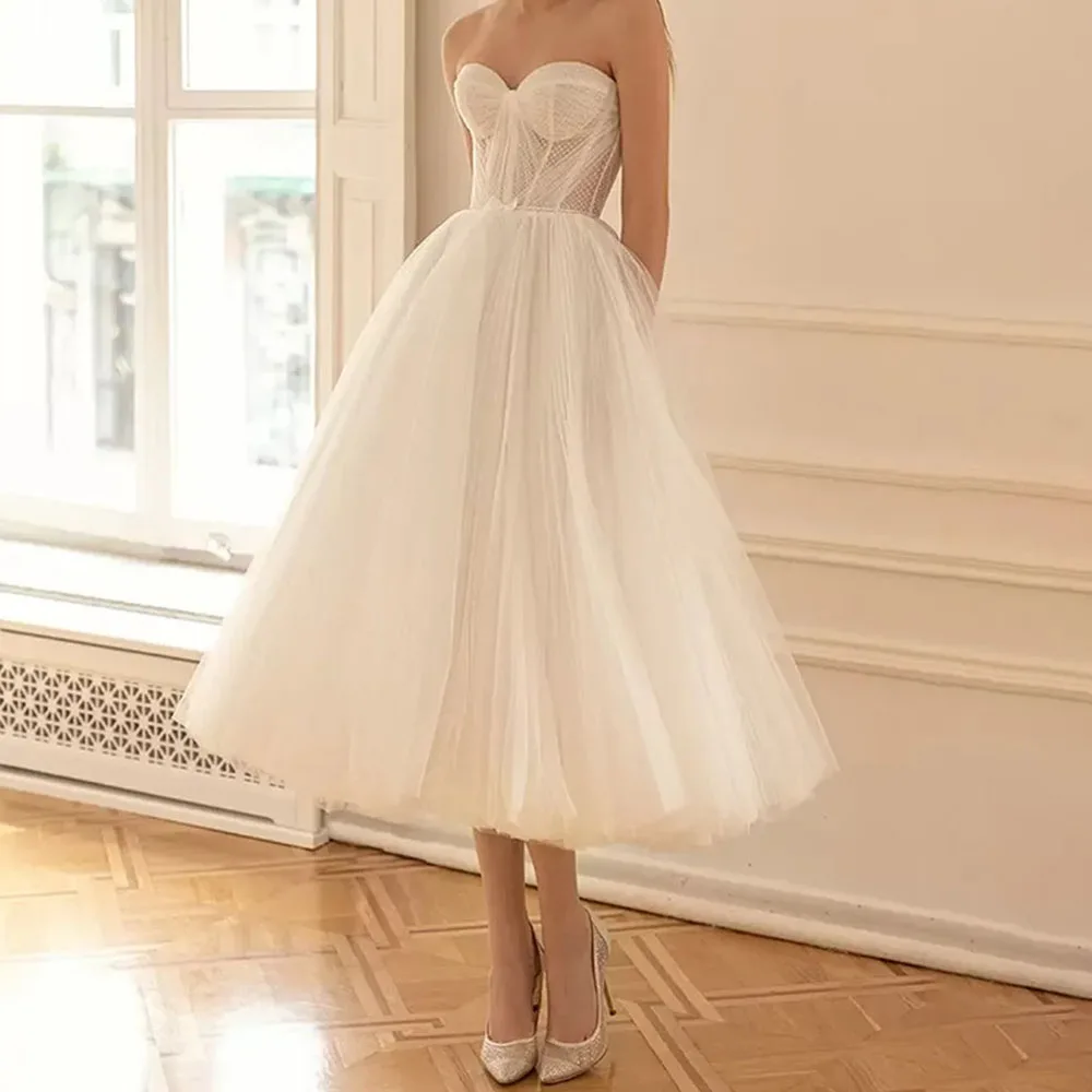 Sweetheart Wedding Dresses Sleeveless Strapless Mid-Calf Tulle Simple Pretty Romantic Classic A-Line Bride Party Grom Gowns