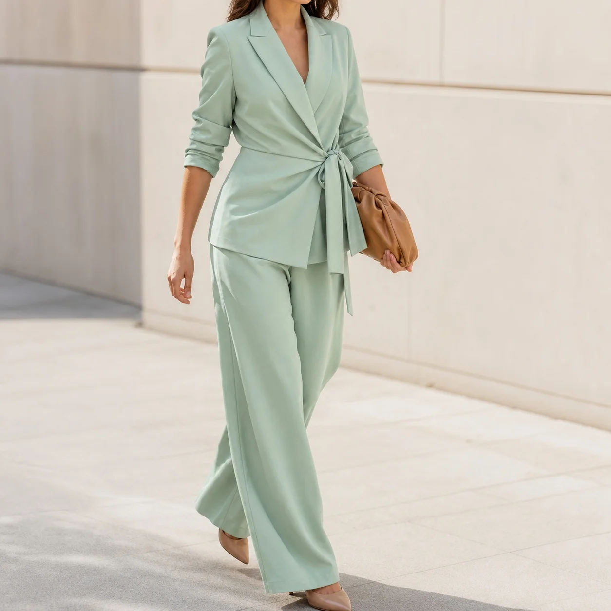 Damen Frühling Europäischer Stil Langarm Blazer mit Taillengürtel Einfarbig 2-Teiliges Set Elegantes Büro Casual Damen-Set