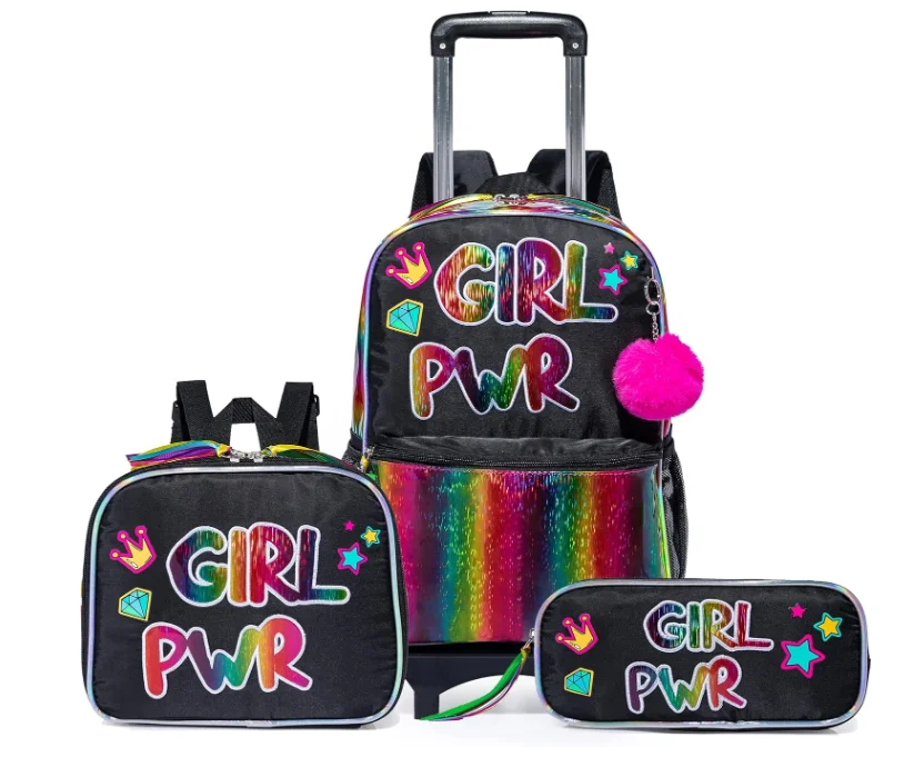 Girls School Wheeled Backpack Set 3 in 1 Kids Trolley backpack Bag Rolling Backpack for Girls Kids Luggage Bag Travel Suitcase