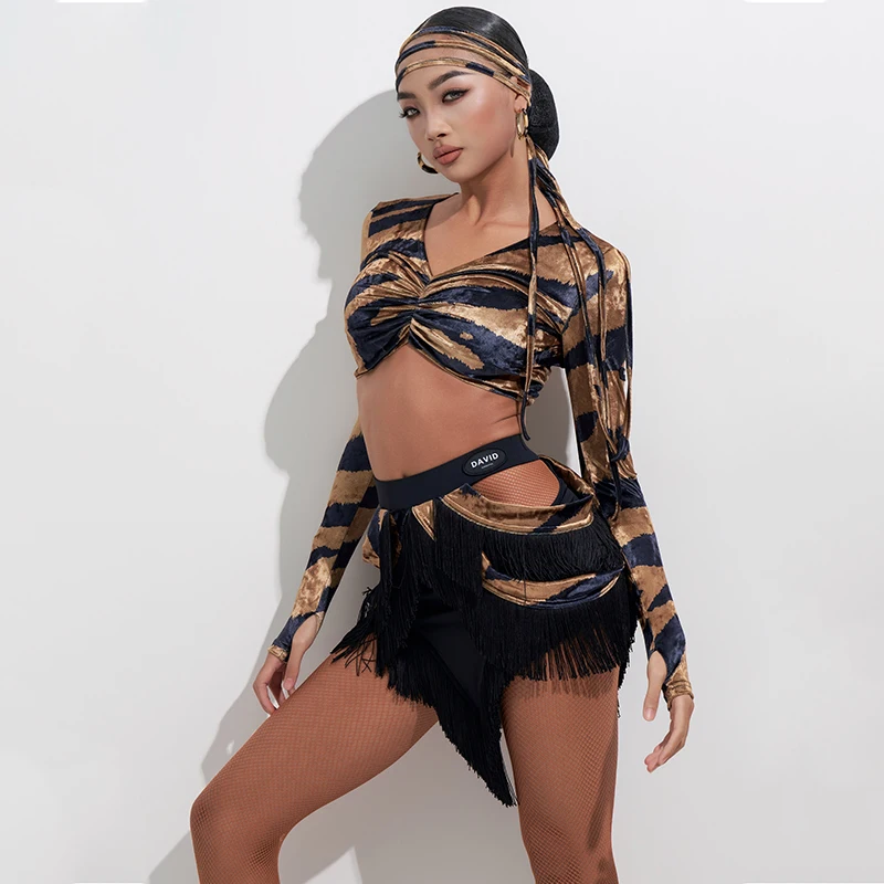 Stroje do tańca latynoamerykańskiego 2025, wzór tygrysa, top bez pleców, frędzle, asymetryczna spódnica, strój treningowy, odzież latynoska DW269/270