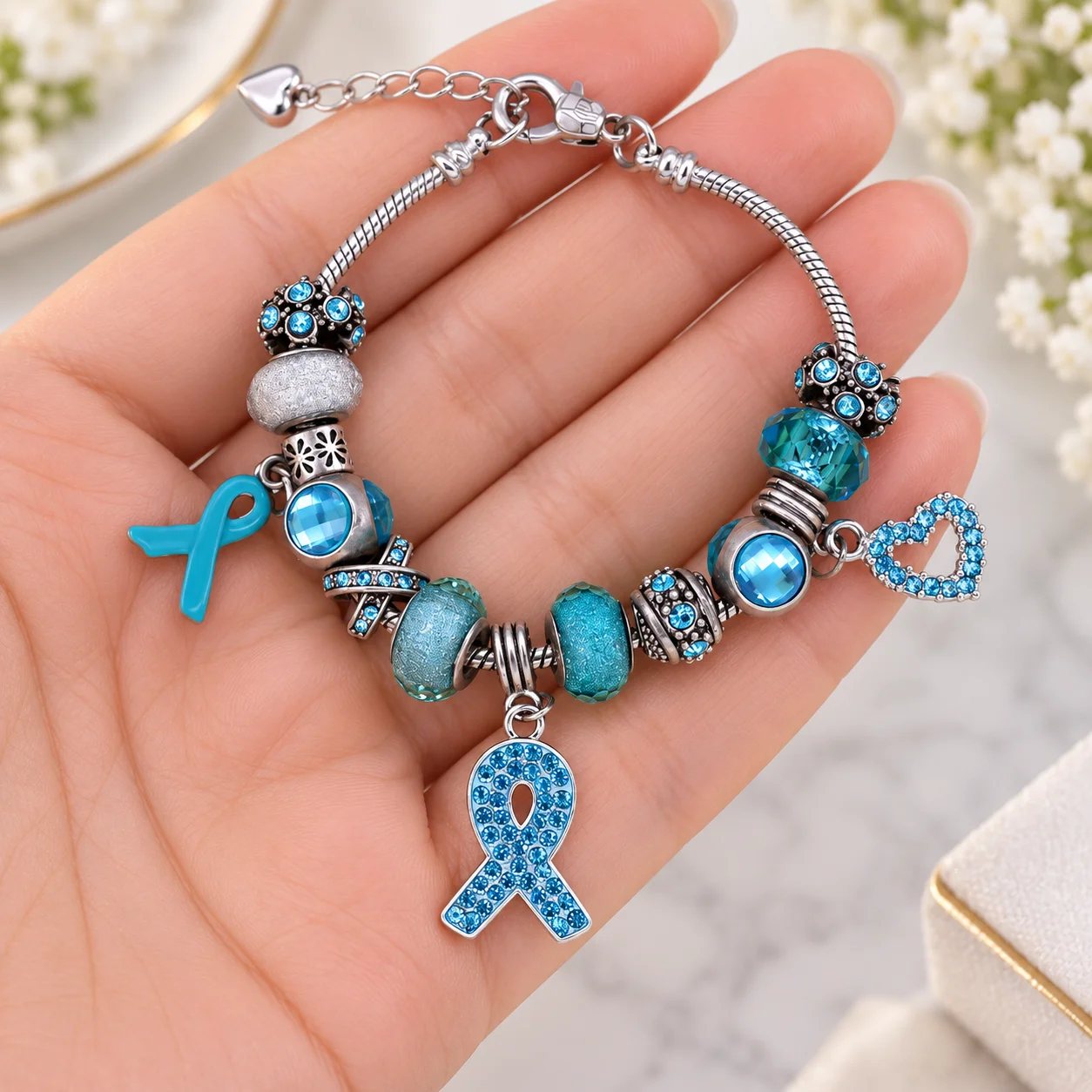 European Styes Big Hole Beaded Disease Cancer Awareness Ribbon Bracelet Survivor Jewelry for Gift