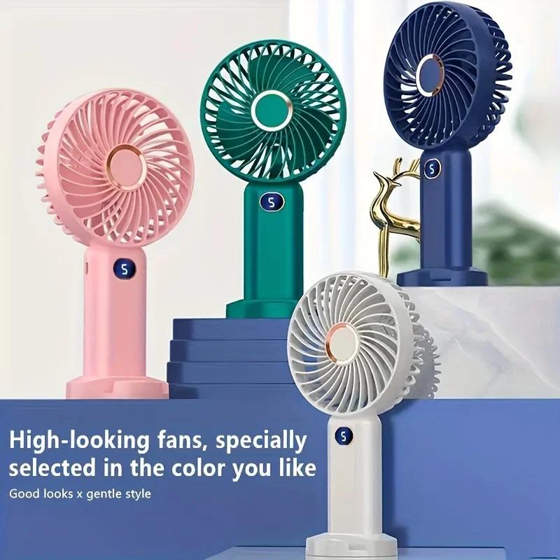 Handheld stand, small fan, silent, portable, mini high wind desktop fan, USB rechargeable, small display, 5-speed handheld fan