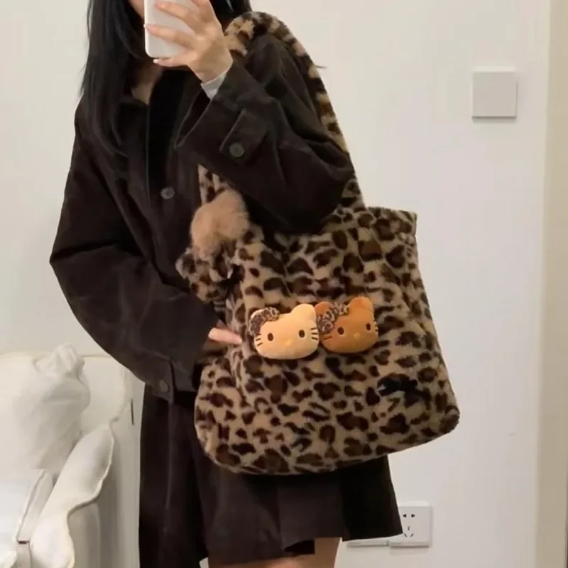 Xiuya Y2k Vintage Womens Shoulder Bag Hello Kitty Leopard Print Fashion Tote Bag Cute Bow Plush Large Capacity Ladies Handbag image 5