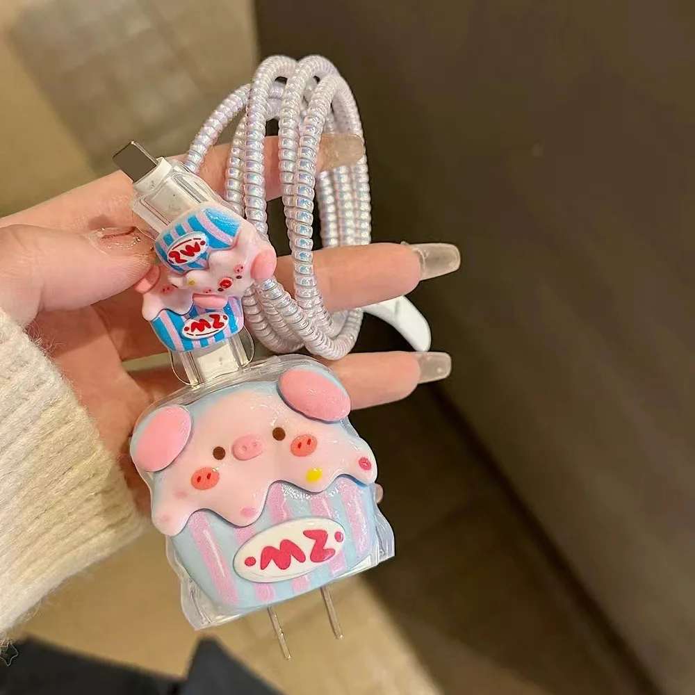 Rosa & Blau Schwein Kuchen Ladegerät Schutz Abdeckung Für Apple Ladegerät 18W 20w Silikon Fall Kabel Abdeckung Wickler für iPhone Power Adapter