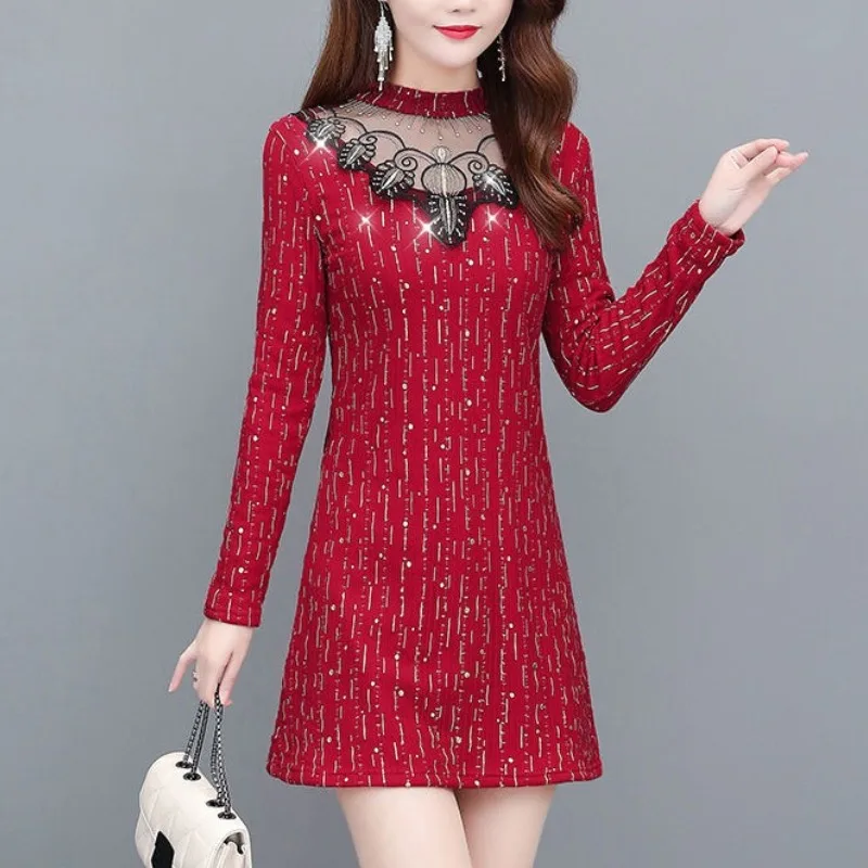 Autumn and Winter Women's Pullover Half High Collar Hollow Out Sequined Slim Bottom Fashion Casual Elegant Long Sleeve Dress