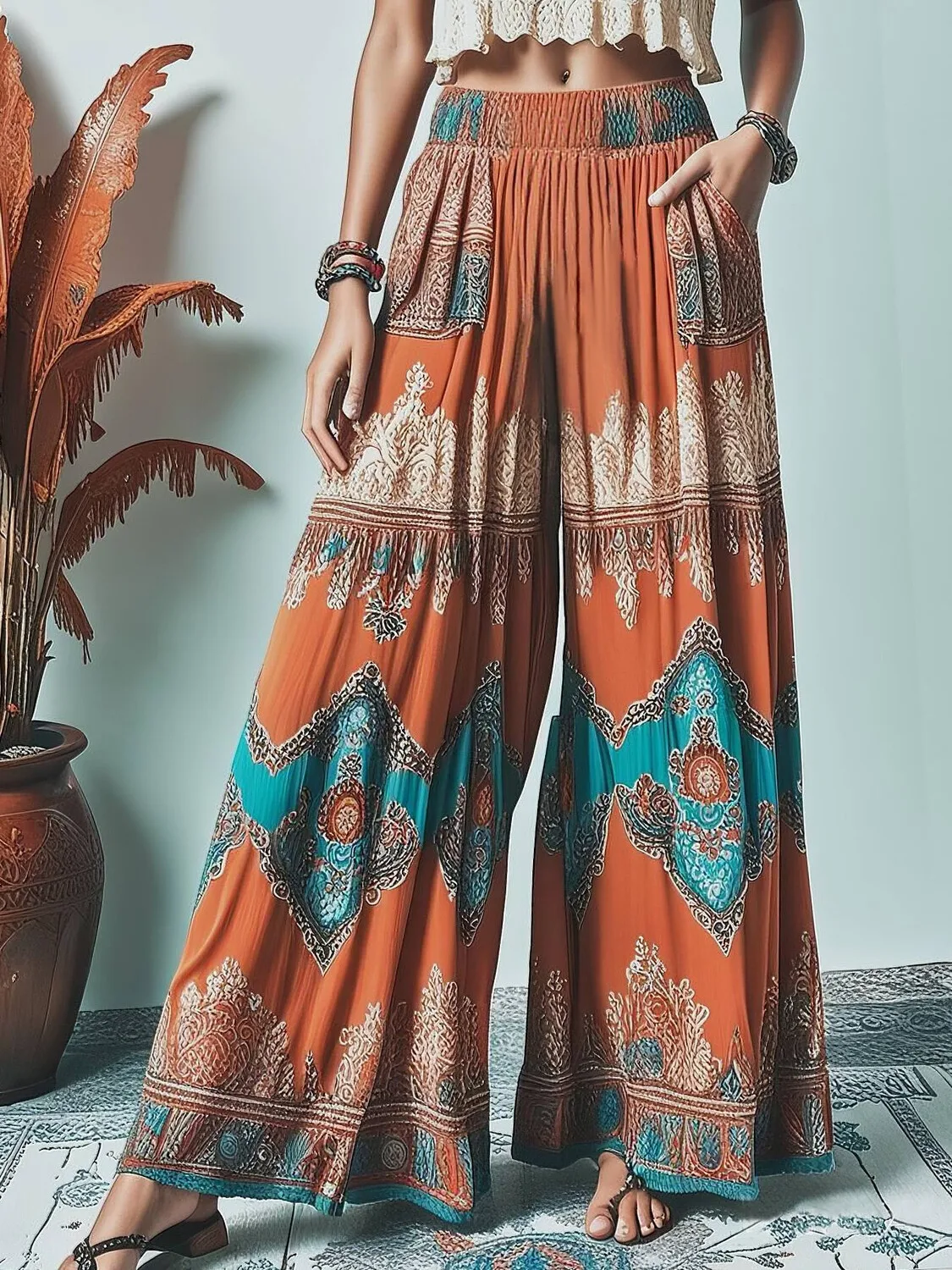 

Women's Plus Size Chic Ethnic Wide Leg Pant Elastic Waist Bohemia Vacation Harajuku Pockets Trousers Casual Retro Soft Pants