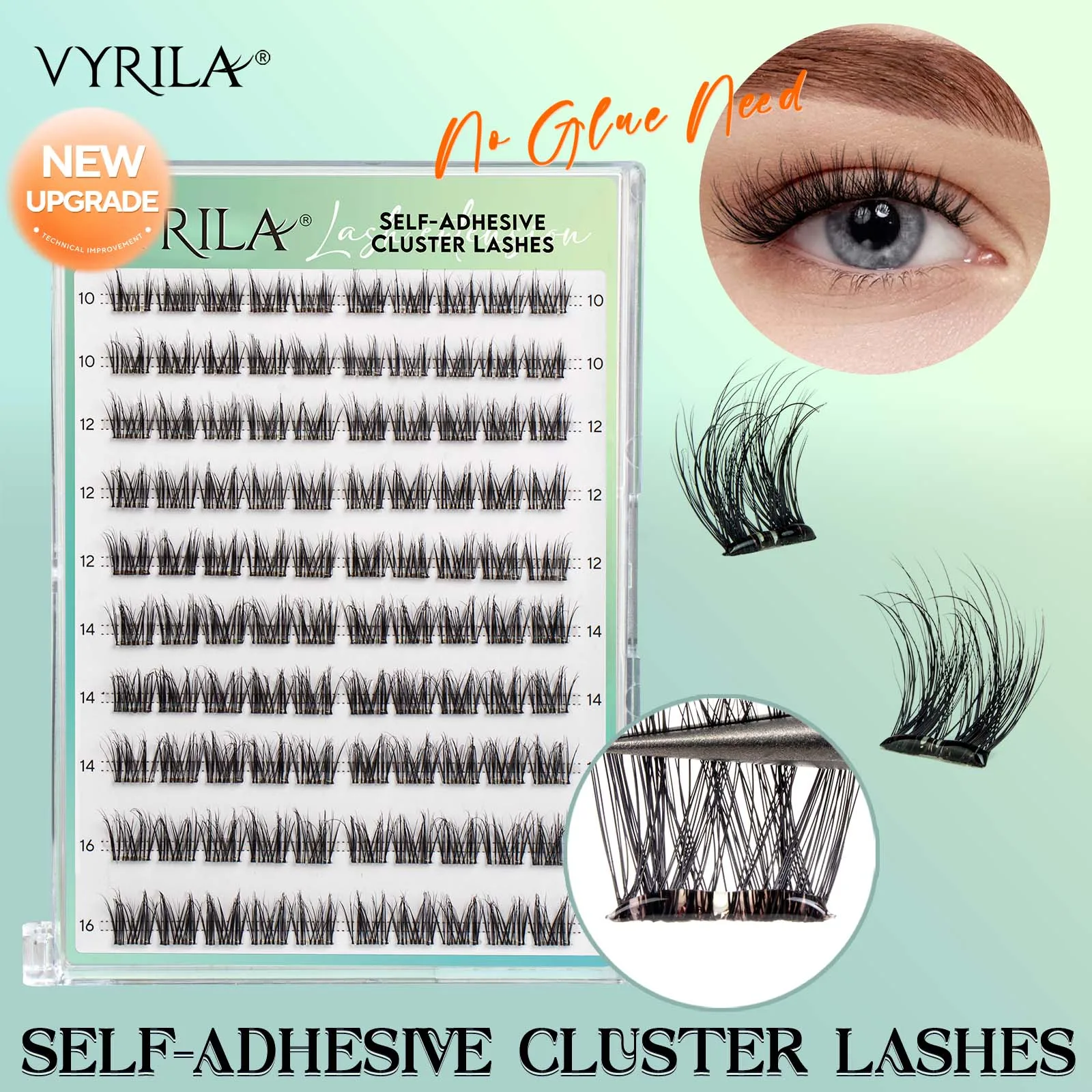 

VYRILA NO Glue Cluster Lashes Self-adhesive DIY Individual Eyelash Extension Pre Glued Natural Soft Lash 10‑16mm Press on Lash