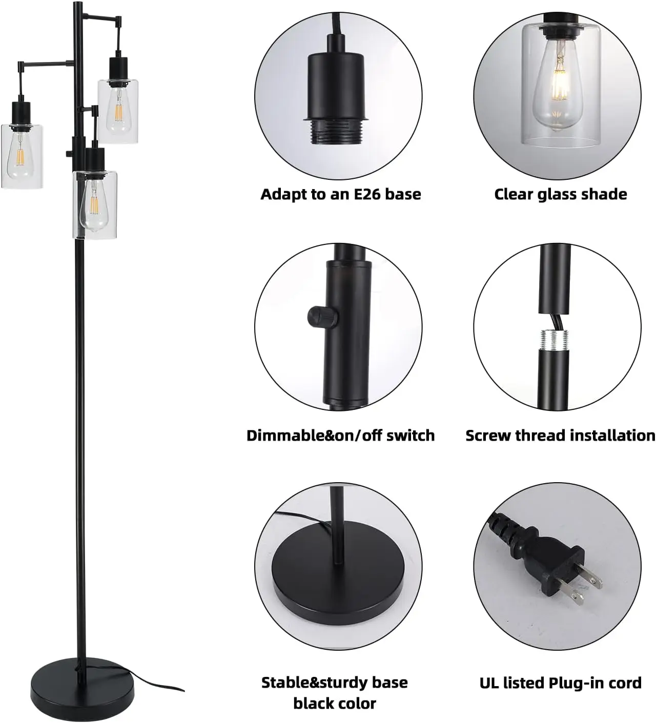 3 Lichten Boom Vloerlamp, Industriële Vloerlamp Voor Woonkamer Slaapkamer, Zwarte Dimbare Boerderij Staande Lamp, Hoge Paal