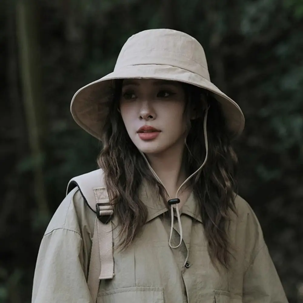 

UV Protection Drawstring Fishmen Hat Solid Color Japanese Wide Brim Sun Hat All-match Waterproof Quick Dry Bucket Hat Camping