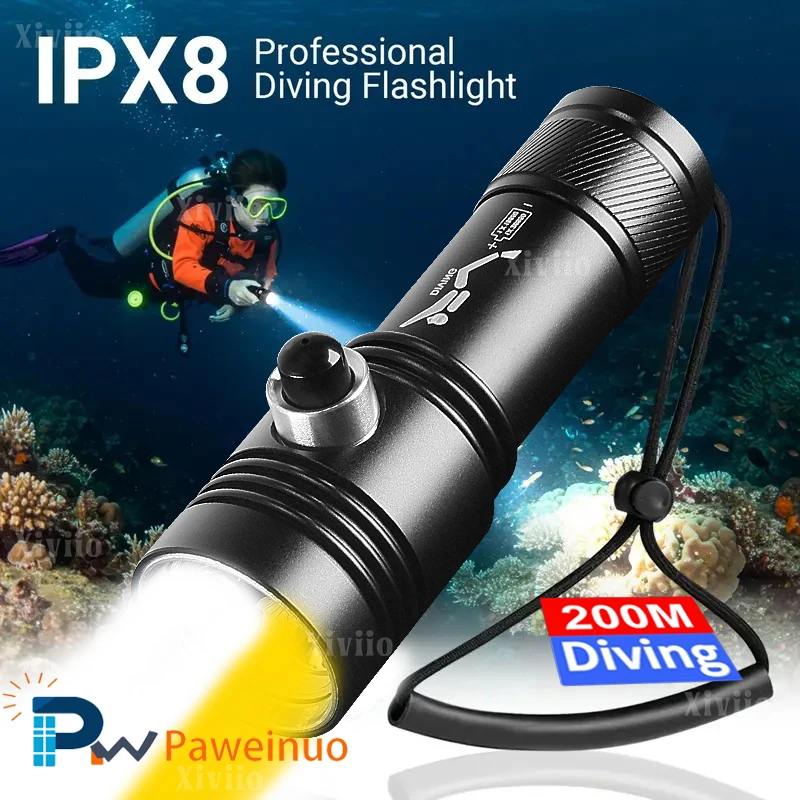 Diving Flashlight IPX8 Waterproof Rechargeable 200M Night Dive Torch White Yellow Light Fishing Hunting Lantern With Hand Rope