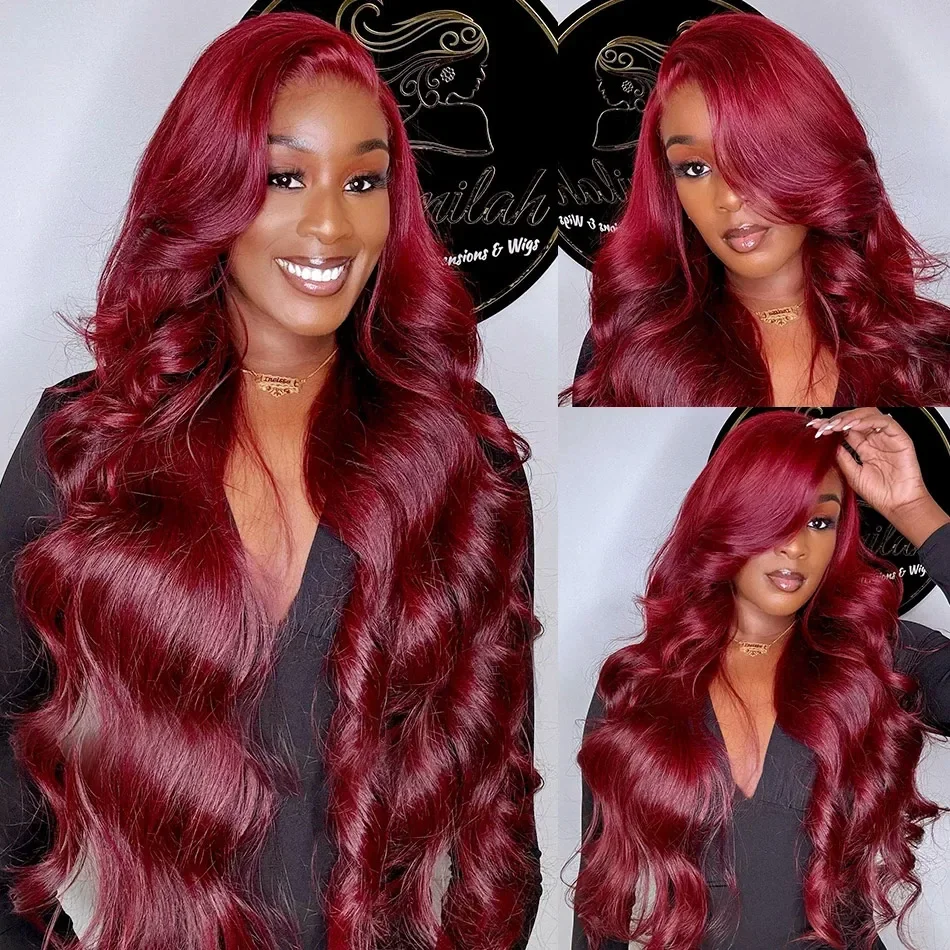 Ketebalan 250 99J merah anggur tubuh gelombang 13x4 Wig tanpa lem rambut manusia Wig siap untuk dipakai 7x5 renda Frontal Wig sebelum dipotong tanpa lem untuk wanita