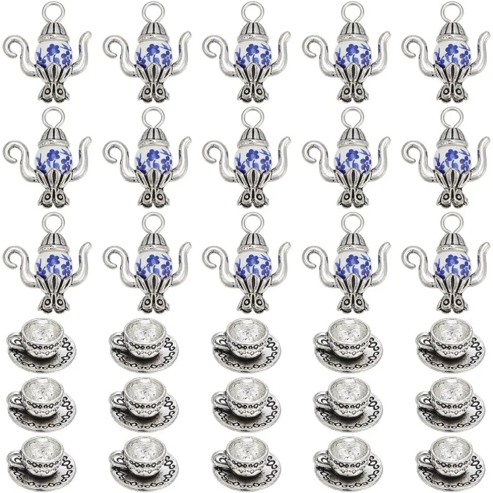 40Pcs 2 Styles Teapot Charms Tea Cup Charms Bulk Mini Coffee Silver Tea Cups Cute Vintage Mugs Teapots Pendants