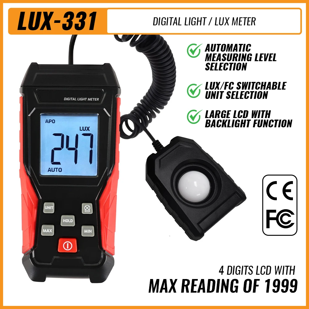 

Digital Illuminometer Lux Light Meter Illuminance Footcandle 200000Lux / 20000Fc Backlight Function Split Type for Photography