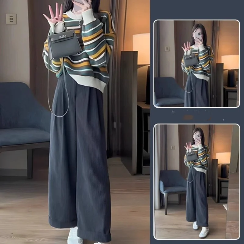 Spring and Autumn Outfits Women\'s Tea Knitted Stripe Pullover Sweater Korean Fashion Straight Tube Trouser Two Piece Set