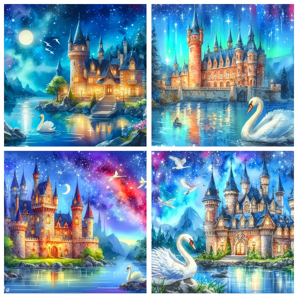 Diamond Mosaic Castle Drill Painting Landscape Full Square Embroidery Swan Cross Stitch Rhinestones Decor For Home